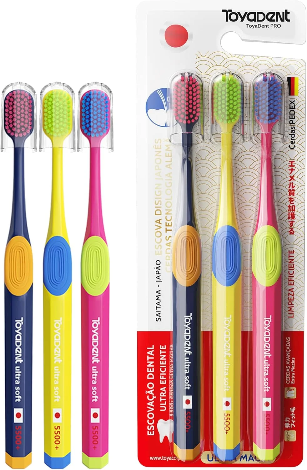 TOYADENT Escova de Dente para Adultos, Macia e Confortável para Escovação Diária, 5500 Cerdas de Alta Densidade com Tampa Protetora, Kit Família com 3 Unidades para Limpeza Suave e Cuidado Bucal Diário