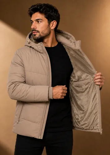 Jaqueta Puffer Masculina Térmica Com Capuz Forro Interno Cáqui M Lisa