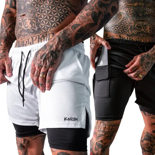 Kit 2 Shorts 2 Em 1 Masculino Dryfit Academia Branco E Preto Liso G