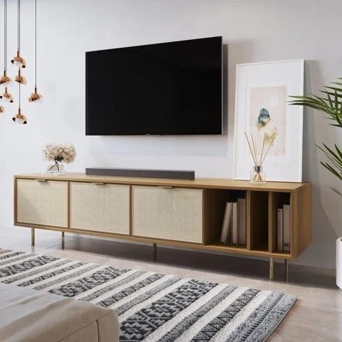 Rack Para TV até 60 Polegadas 3 Gavetas Madeira Maciça Palhinha Yescasa Marrom Mel