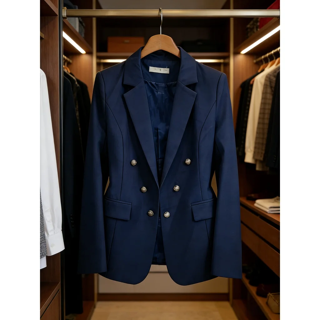 Blazer feminino com 3 pares de botão dourado aberto com ombreira | Social & Elegante