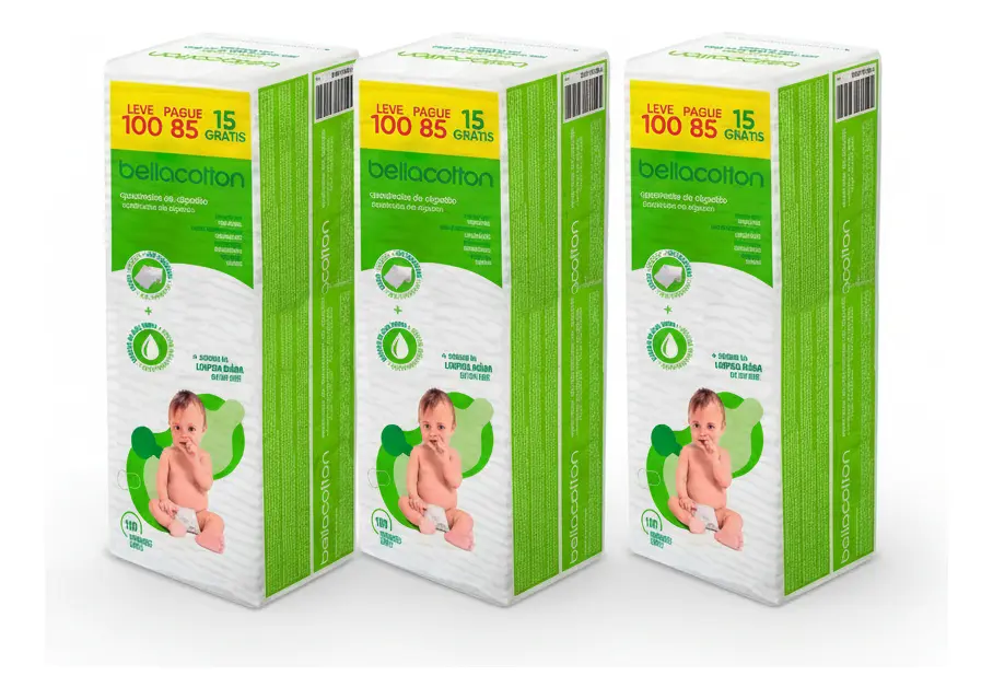 Algodão Quadrado Bellacotton 3 Pacotes Com 100un Cada - Uso Higiêne Bebê, Estetica, Limpeza