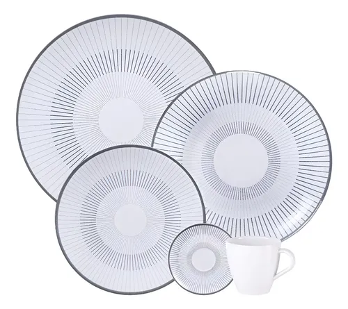 Aparelho De Jantar Tramontina Griz Porcelana Decorada 20 Peças Branco Com Cinza Liso