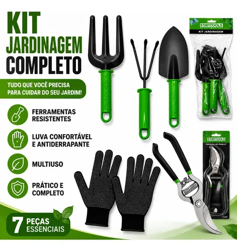 Kit Jogo Jardinagem Jardim Pá Tesoura Poda Luva 5 Peças