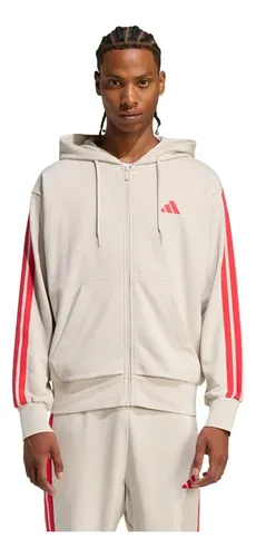 Moletinho Capuz Zíper Essentials Três Listras adidas M Bege / Beige / Pure Ruby