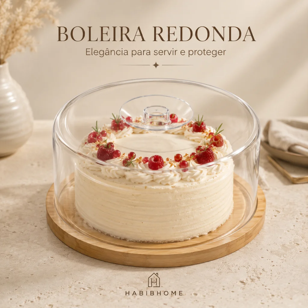 Boleira com Tampa Acrílica e Base de Bambu para Mesa Posta Cozinha Servir Decorar e Organizar