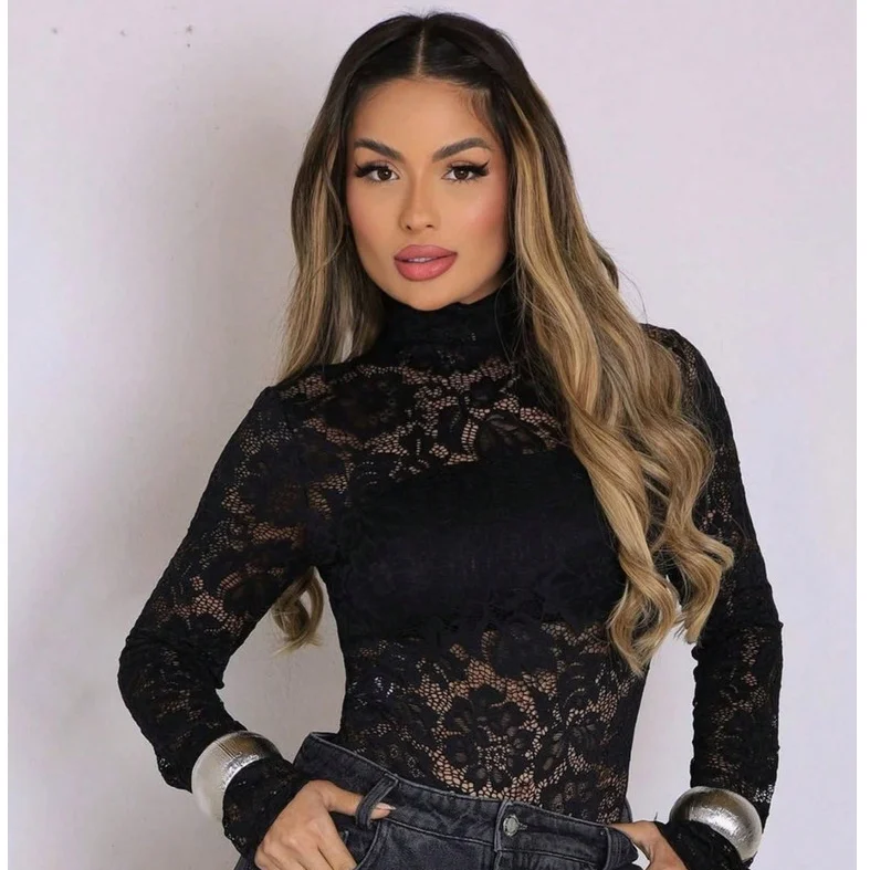 Body Feminino Manga Longa De Renda Floral Feminino Lançamento