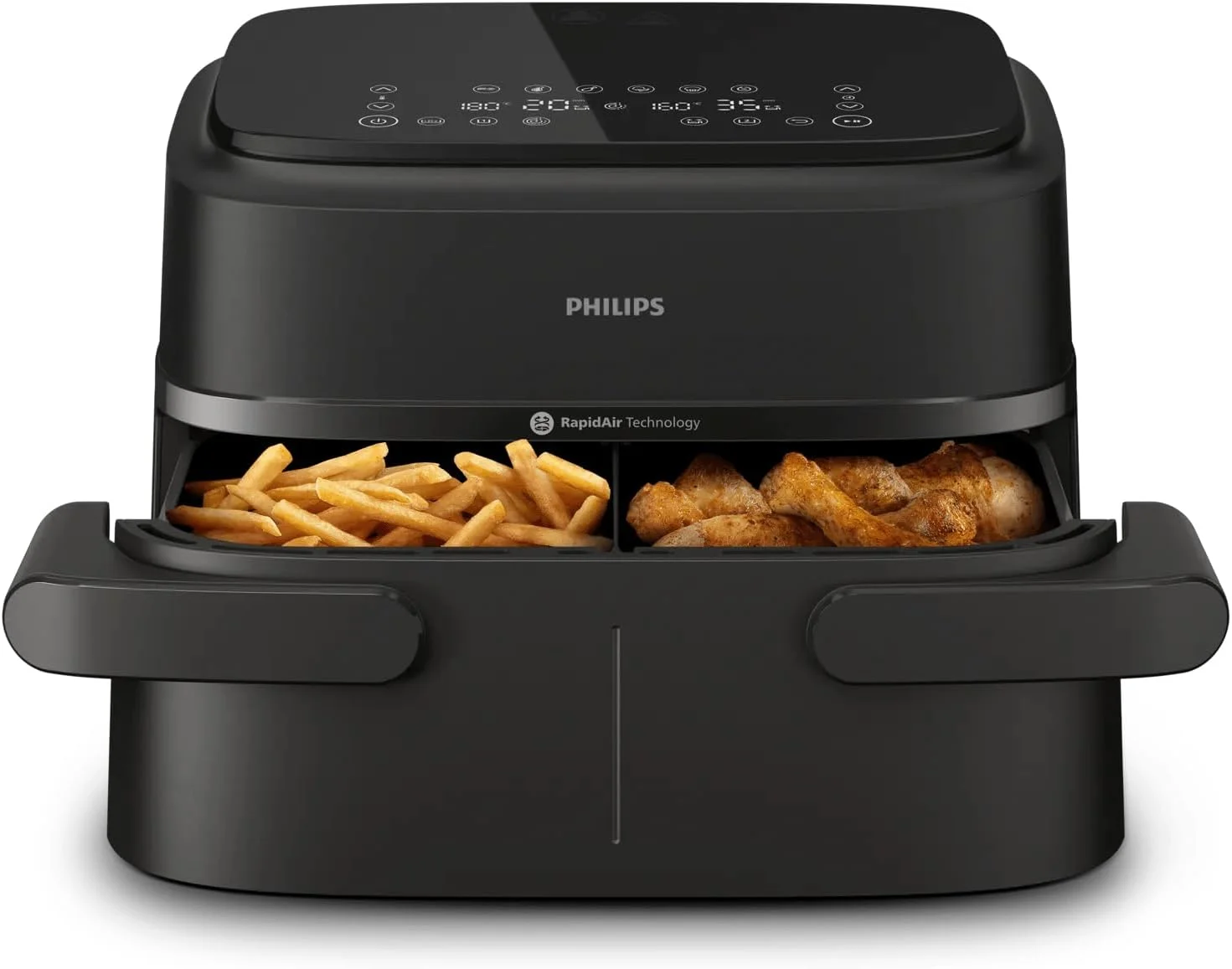 Philips Walita Fritadeira Air Fryer Série 1000 Duplo Cesto 7,1L, 2 Cestos ou Bandeja Grande, Tecnologia RapidAir, 10 Modos de Preparo, Função Reaquecer, Preta, 220V (NA150/09)
