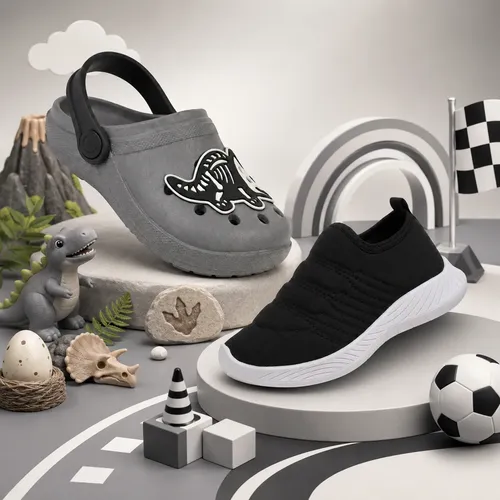 Kit Tênis Infantil Escolar Slip On Menino + Babuche Dino Preto Tênis Bordado Preto E Babuche Premium Dino 26