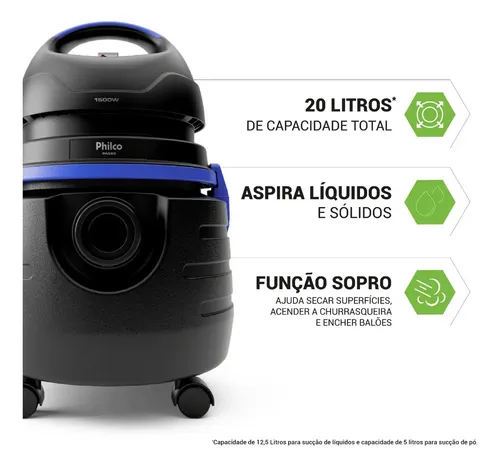 Aspirador De Água E Pó Philco 1500w 20l Pas80 Cor Preto 220v
