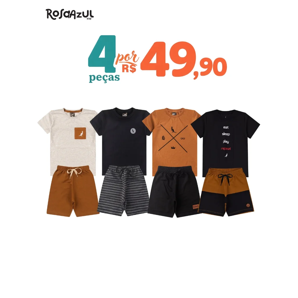 Kit 4 Peças Conjunto Infantil Bebê Menino Verão Algodão Promoção 2 Camisas 2 Shorts Envio Sortido