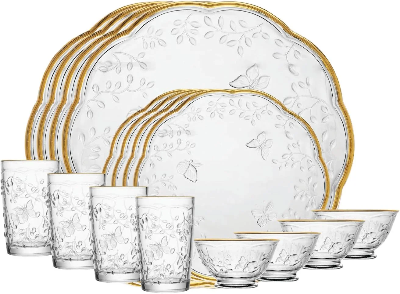 LYOR - Jogo de Jantar 16 peças New Butterfly em Cristal Ecológico com Fio de Ouro - Serve 4 Pessoas - 4 Pratos Rasos, 4 Pratos para Sobremesa, 4 Copos e 4 Bowls.