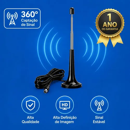 Antena Digital Tv Uhf Hdtv Base Magnética Cabo 5m Conector F Macho Sinal Hd Compatível Smart Tv Led Lcd Samsung LG 3tech Preto