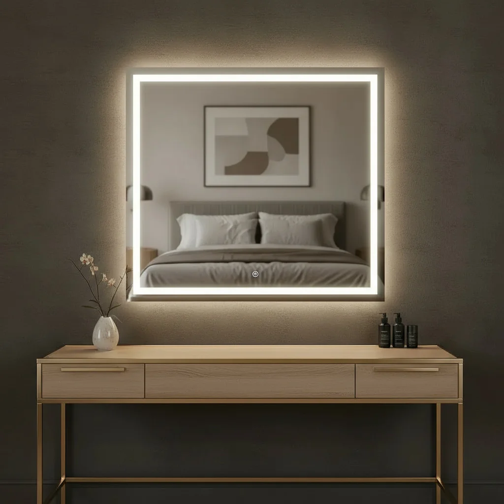 Espelho Quadrado 40cm a 60cm Com LED de 3 Cores Jateado Lapidado Banheiro Maquiagem Salão de Beleza