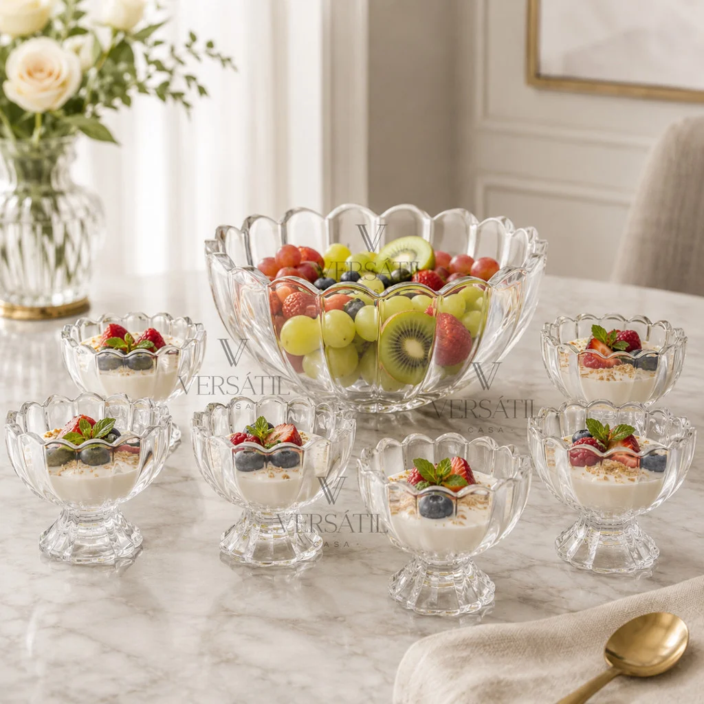 Jogo 7 Peças Wolff Sobremesa 6 Bowls 125ml e 1,1L Mesa Posta Requintada Transparente Luxo Geneva Taças