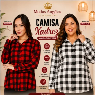 Blusa Camisa Feminino Xadrez Social Manga Longa Elegante Com Botões Tecido Estilosa(M G GG G1 G2 G3)