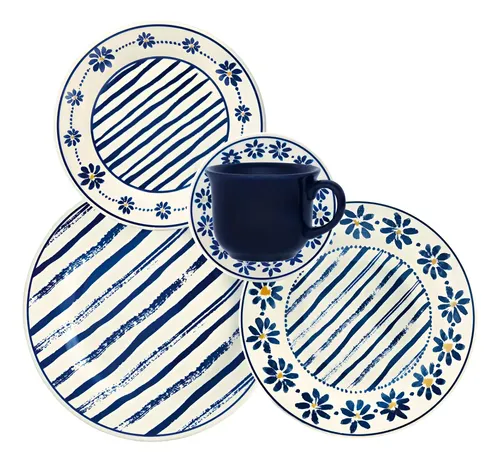 Jogo De Jantar 20 Peças Biona Cerâmica Donna Margaridas Branco Azul E Amarelo