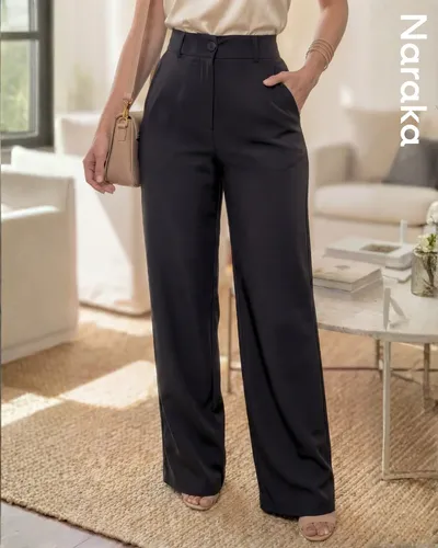 Calça Alfaiataria Feminina Wide Leg Social Cós Alto Preto G