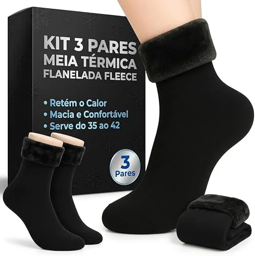 Kit 6 Pares Meia Térmica Flanelada Fleece Unissex Inverno Frio Intenso – Meia Térmica Feminina para Frio e Masculina | Quente