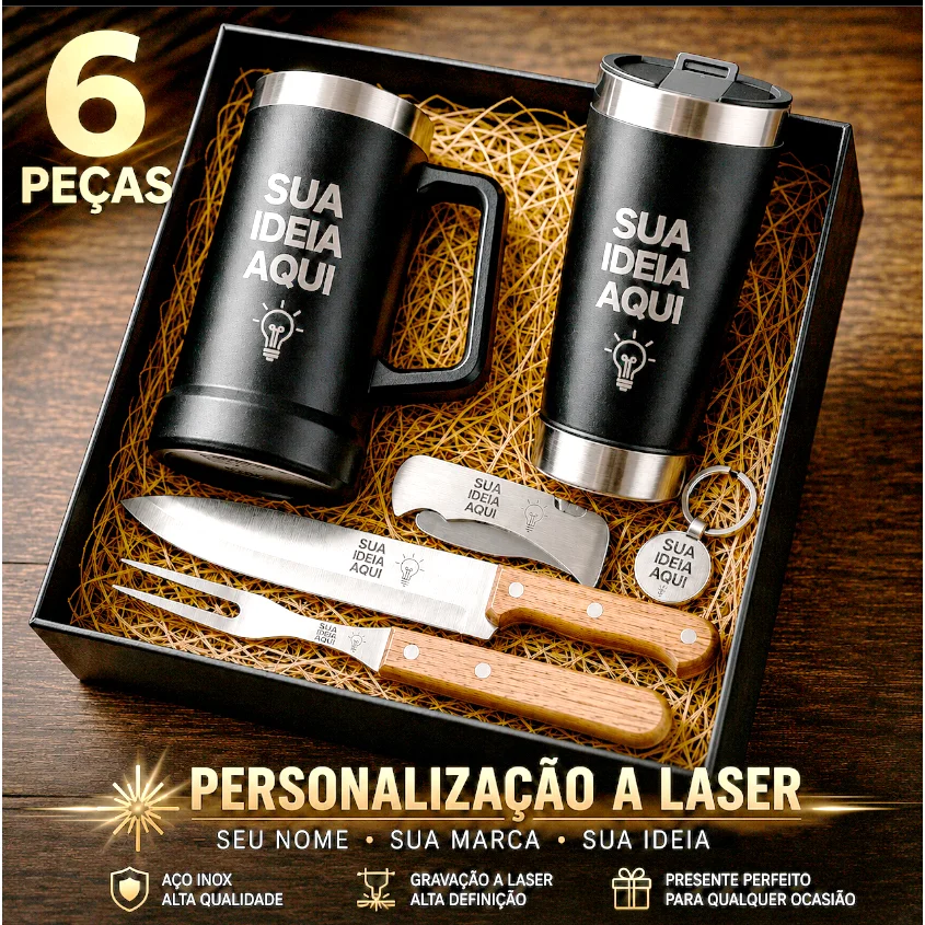 Monte seu Kit Personalizado dia dos Pais, Caneca de Chop, Kit Churrasco, Chaveiro e Canivete, Presente Premium