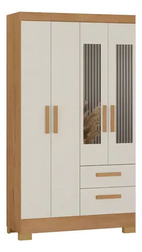 Guarda Roupa Solteiro Com Espelho 4 Portas Fortaleza Atualle Cor Canelato Rustico Com Off White