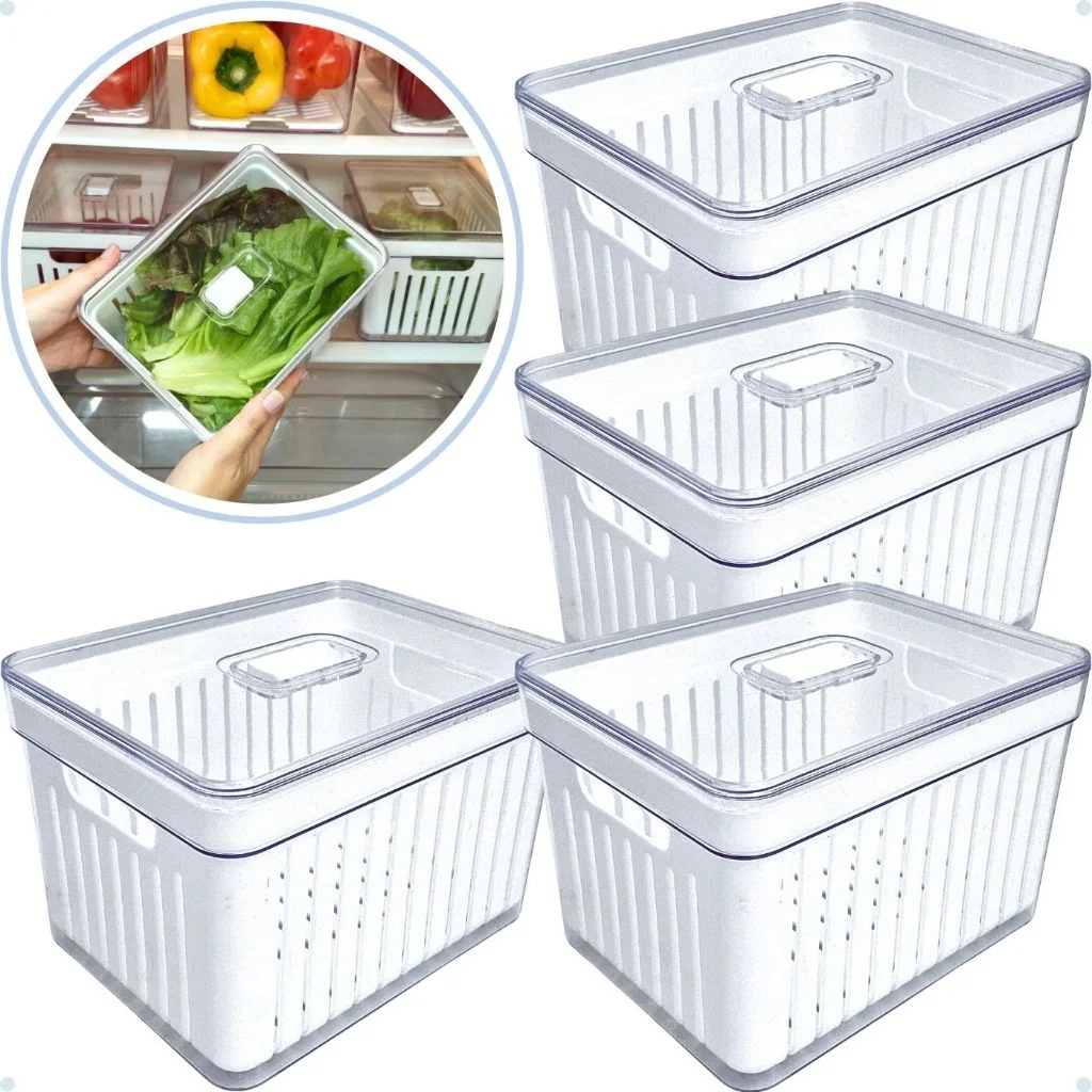 Kits Organizadores De Geladeira Clear Com Tampa E Cesto Drenagem