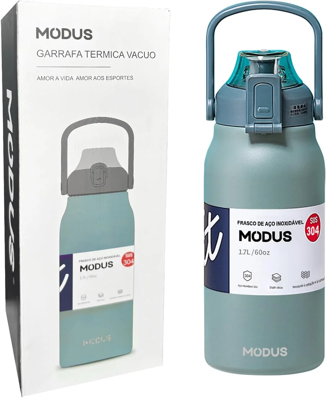 Garrafa Térmica Isolada a Vácuo De Aço Inoxidável 304 1700ML Grande Capacidade Com Canudo (Verde)