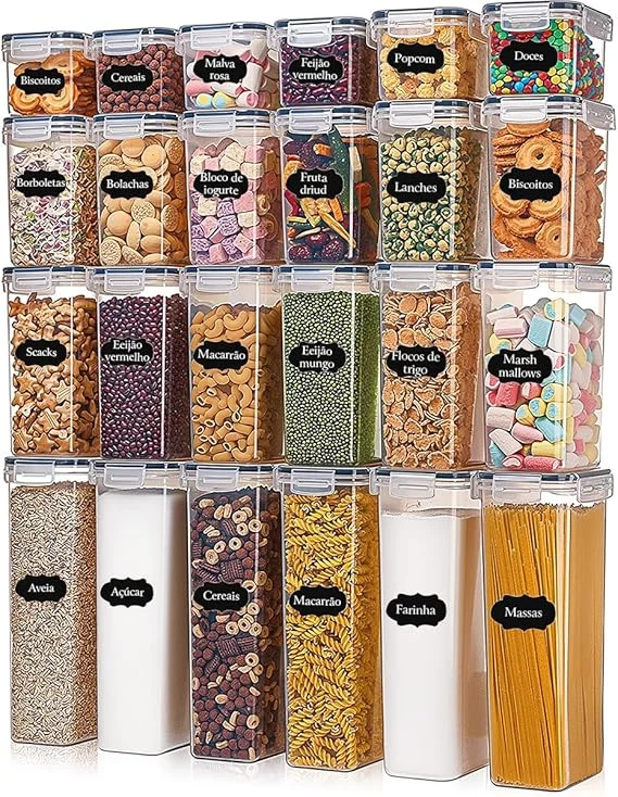 Potes Tampa Hermético Porta Alimentos Mantimentos Armário Cozinha (Kit 24)