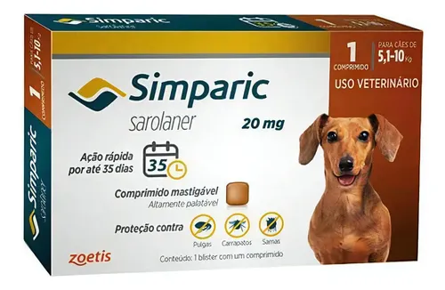 Simparic 20mg Comprimido Antipulgas Carrapatos Cães 5 A 10kg Marrom
