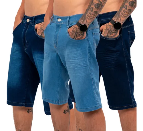 Kit 3 Bermudas Jeans Masculina Lycra Elastano Jeans Sortidos Liso 42