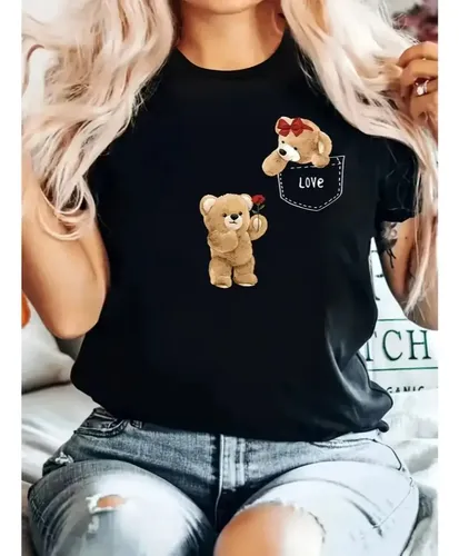 Camiseta Feminina Estampada Urso Bolso Algodão Premium