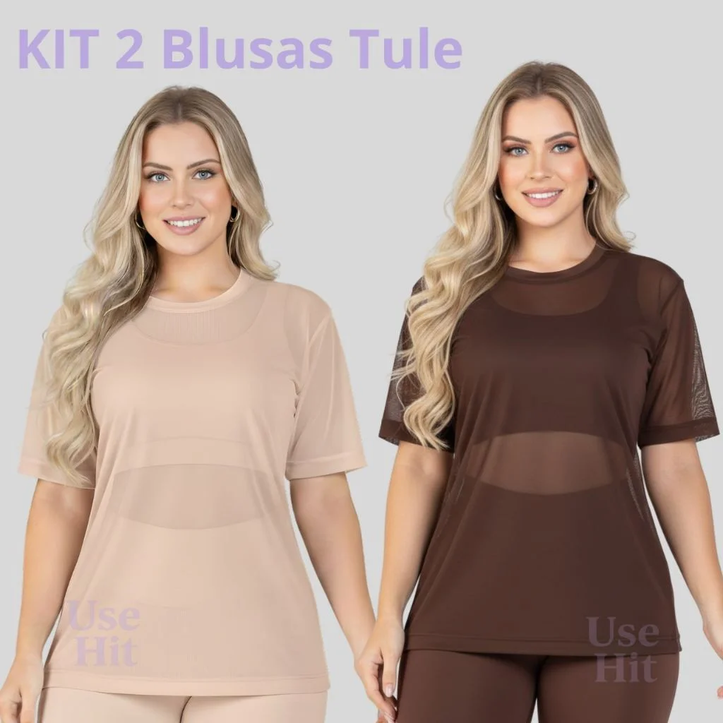 Kit 2 Blusa Feminina Transparente de Tule Manga Curta Blusão Academia Treino Fitness