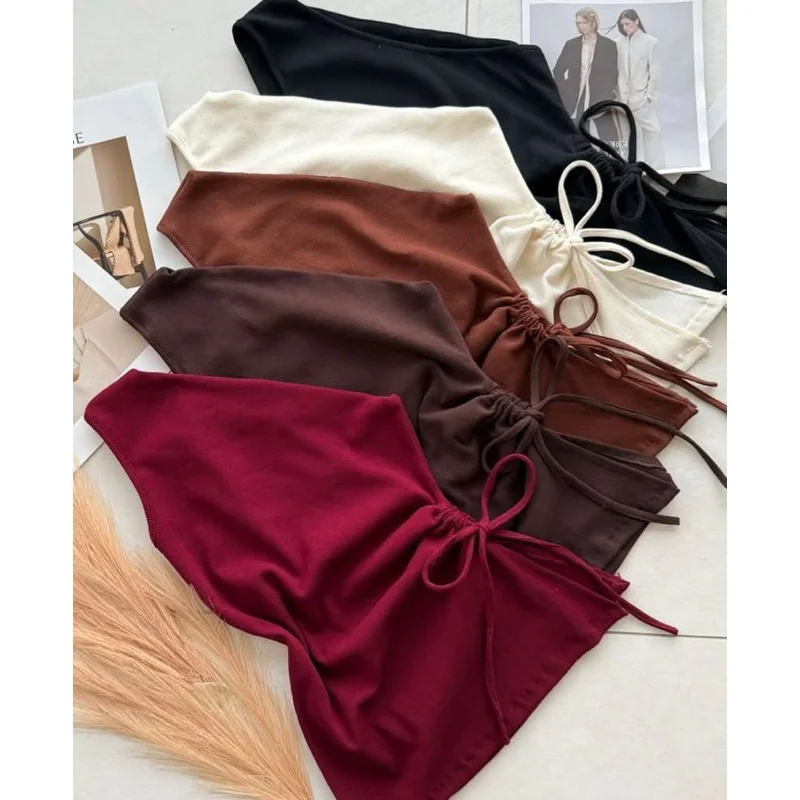 Blusa Feminina Drapeada Amarração Lateral Um Ombro Só Elegante Canelado Ribana de Algodão