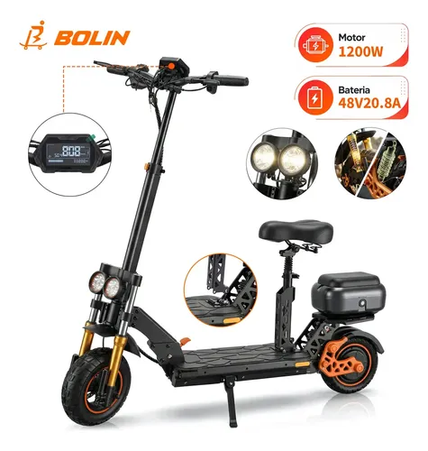 Patinete Elétrico Bolin M5 para Adultos, com Motor de 1200W e Autonomia de 60km, 48V 20.8Ah,Pneus de 11", Assento Removível, E Bike