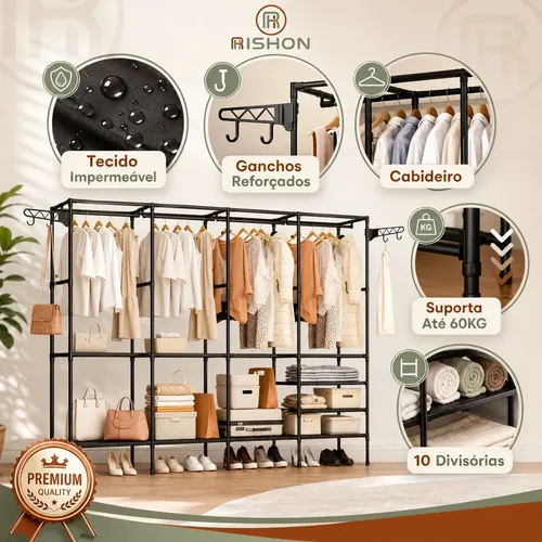 Guarda Roupa Dobravel Closet Aberto Organizador De Roupas Desmontavel E Arara Organizadora 4 Colunas Em Aço Resistente Rishon Preto