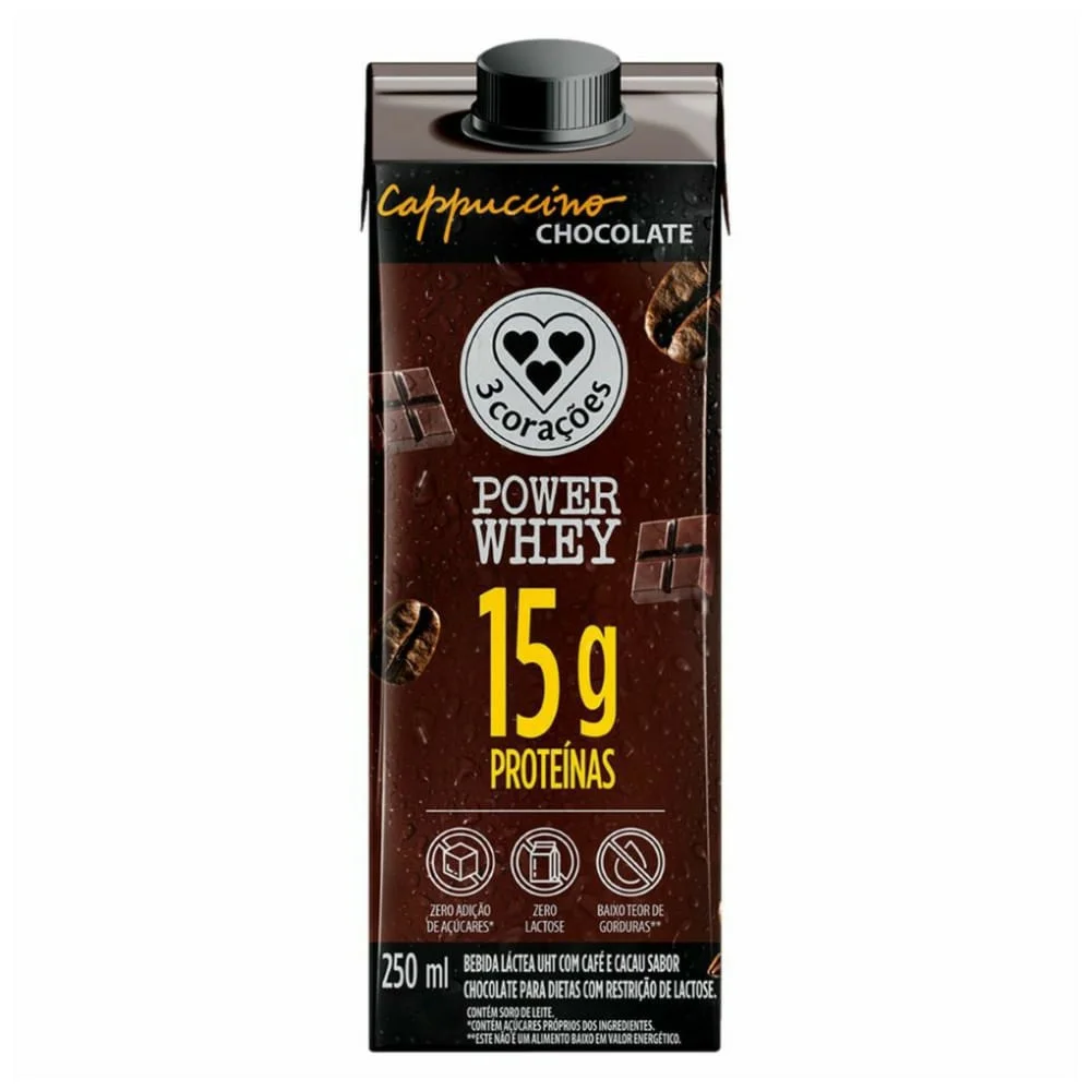 Bebida Láctea UHT 3 Corações Power Whey 15g Proteínas Cappuccino Doce de Leite Zero Lactose 250ml