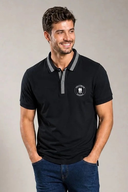 Polo Piquet Masculina Gola Friso Polo Wear Preto