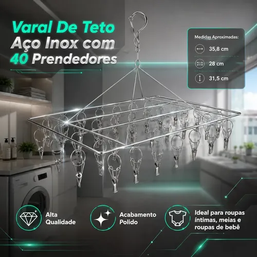 Mini Varal Roupa Íntima Inox Com 40 Prendedores Retangular Cromado Resistente Multiuso Cinza