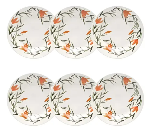 Jogo 6 Prato De Sobremesa 18 Cm Lírios Bionna Cor Verde, Laranja E Off White Florido