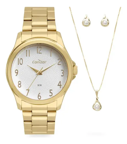 Kit X3 Relógio Feminino Dia A Dia Dourado Fundo Prata Condor