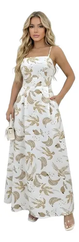 Vestido Longo Feminino Alças Fina Estampa Folhas Moda Verão Branco/nude Único
