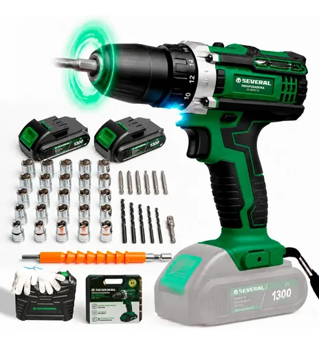 Parafusadeira Furadeira 21v 1300mah Com 2 Baterias Recarregável Sem Fio Maleta Completa Several Importados Verde 127/220v 60