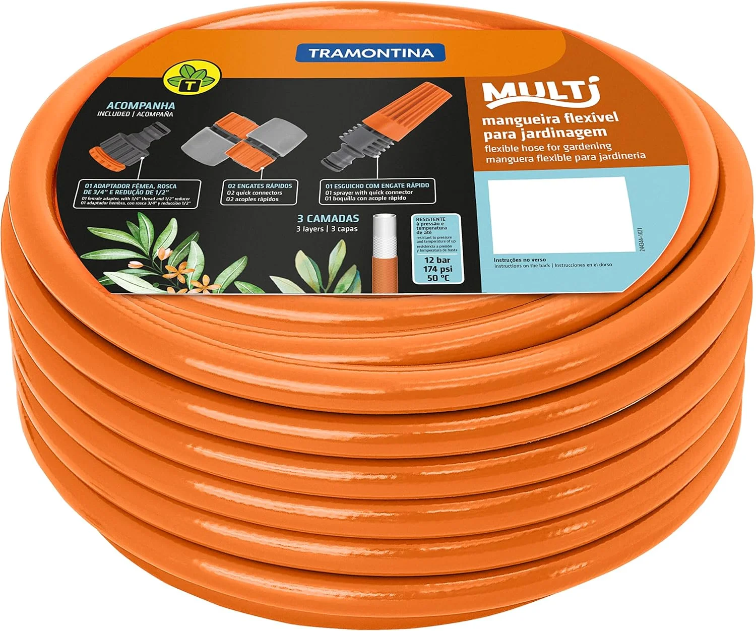 Mangueira Super Flex Tramontina Com Engates Rosqueados E Esguicho Em Pvc Laranja 25 M
