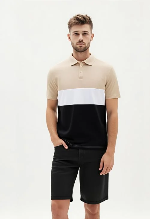 Polo Masculina Caedu Recorte Bege/Branco Piquet