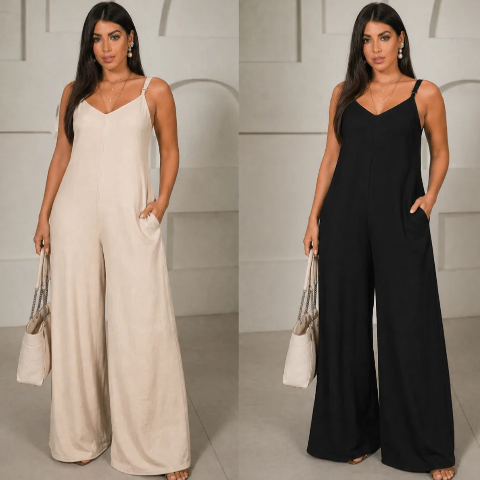 Macacão Feminino Largo Pantalona Alcinha Regulável Slim e Plus Size Decote V Tecido Duna Elegante Moda Outono Inverno