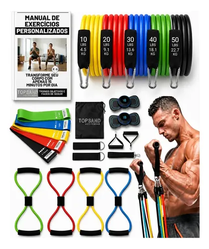 Kit 20 Itens Esportivos Para Treino Em Casa Academia Fitness Funcional Com Elásticos Extensor Puxadores Massageador... Colorido
