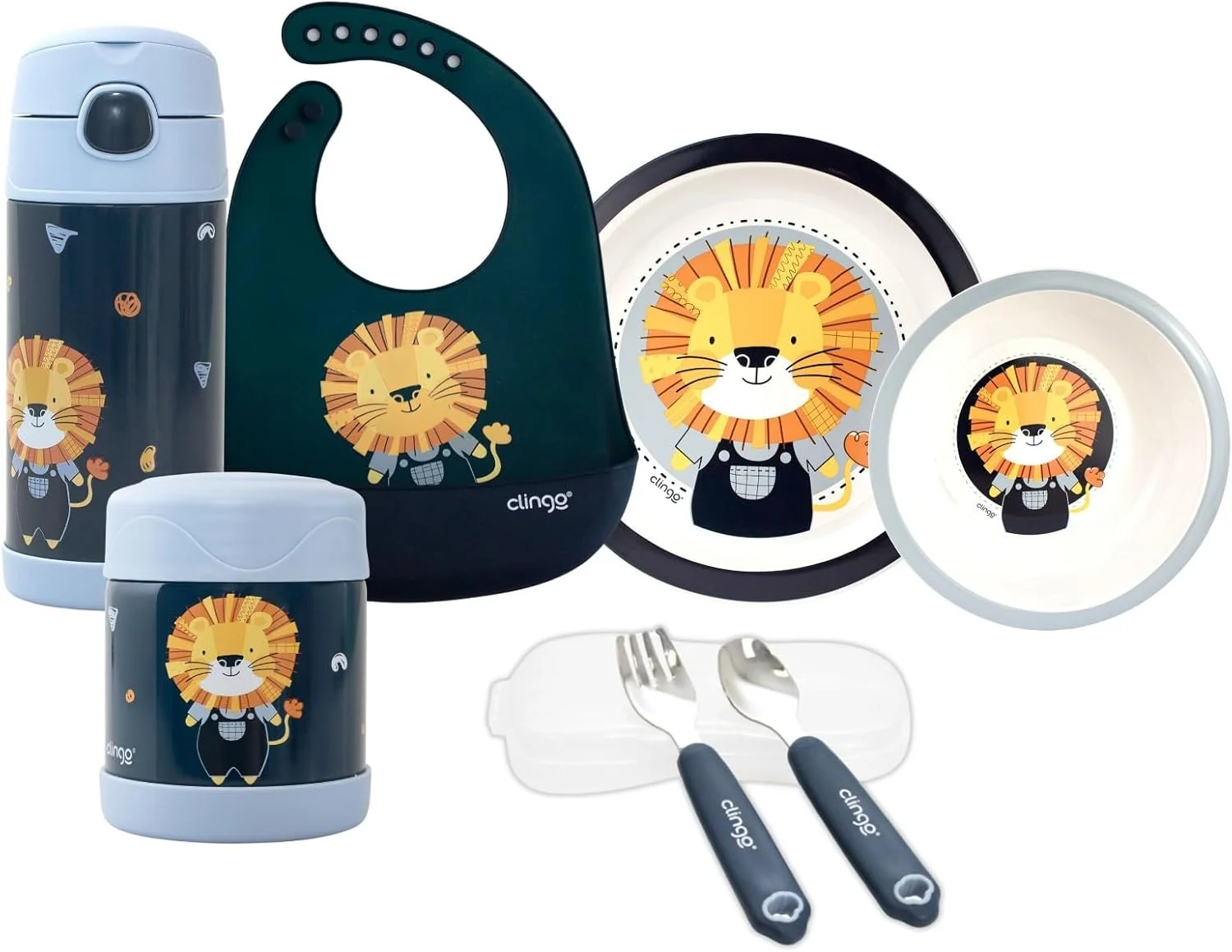 Clingo Kit Alimentação Bebê 7 Peças, Babador, Garrafa + Pote Térmico, Tigela e Prato, Talheres em Metal, Livre de BPA, Marinho