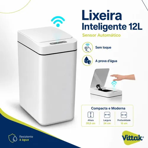 Vittak Lixeira Inteligente 12l Sensor Automático Banheiro Cozinha Cor Branco Escritório Comercial Com Pilhas Inclusas