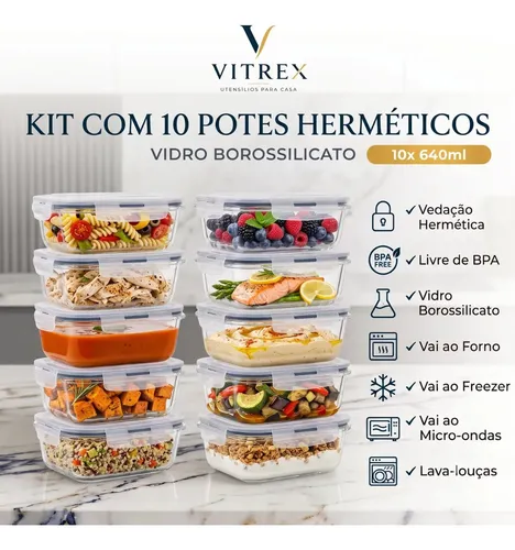 Kit 10 Pote De Vidro Marmita Hermético 640ml Freezer Fitness Vitrex Branco