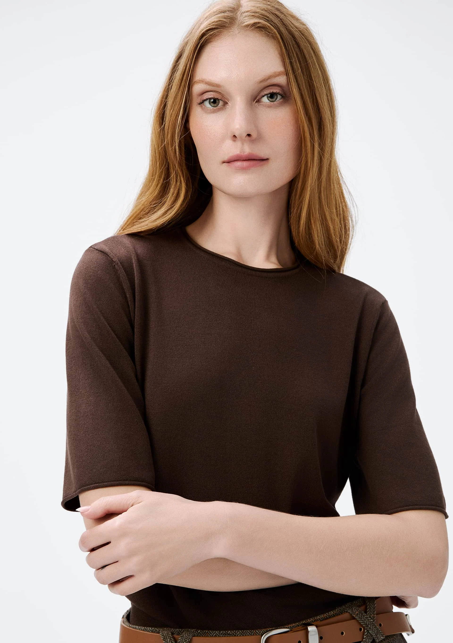 Blusa Feminina Manga Longa Slim Em Tricô Leve - Marrom